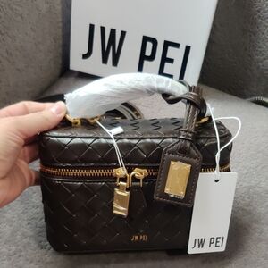JW PEI Cleo Woven Texture Box Shape Top Handle Bag - Dark Brown.